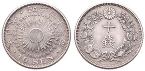 Japan, Empire, Mutsuhito, 10 Sen Silver Yr.43 (1910), Sunbirst within cherry blossom circle, KM 29, XF