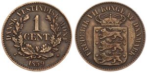 Danish West Indies, Colony, Frederik VII, 1 Cent Bronze 1859, Crowned Arms, KM 63, VF/XF