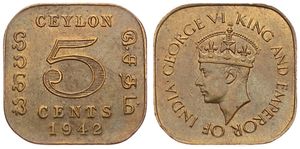 Ceylon, British Colony, George VI, 5 Cents Nickel-Brass 1942, Crowned head left, KM 113.1, UNC