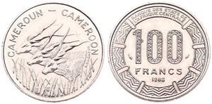 Cameroon, Republic, 100 Francs Nickel 1986, Three giant eland left, KM 17, B.UNC