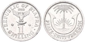 Biafra, Independent Republic, 1 Shilling Aluminum 1969, Radiant sun rising behind tree, KM 2, XF