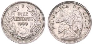 Chile, Republic, 10 Centavos Silver 1909, Defiant Condor on rock left, KM 156.2a, XF