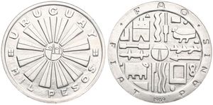 Uruguay, Republic, 1000 Pesos Silver 1969, F.A.O. - Stylized radiant sun with face, KM 55, UNC