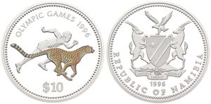 Namibia, Republic, 10 Dollars Silver 1996, Olympic Games - Runner and Multicolor Cheetah, KM 11, PROOF