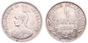 German East Africa, Colony, Wilhelm II, 1/4 Rupie Silver 1909A, Armored bust left, KM 8, VF