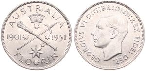 Australia, British Colony, George VI, 1 Florin Silver 1951, 50th Year Jubilee, KM 47, B.UNC