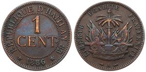 Haiti, Republic, 1 Centime Bronze 1886A, National arms, KM 48, VF