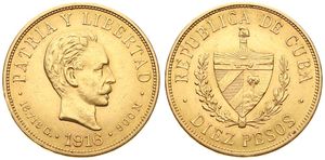 Cuba, First Republic, 10 Pesos Gold 1916, Head of Jose Marti right, KM 20, A.UNC (*)