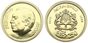 Morocco, Kingdom, al-Hassan II, 250 Dirhams Gold AH1395-1975, Birthday of King Hassan, KM 66, B.UNC (*)