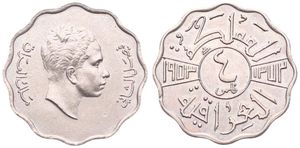 Iraq, Kingdom, Faisal II, 4 Fils Copper-Nickel 1953, Head of King Faisal II right, KM 111, UNC