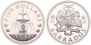 Barbados, Commonwealth, 5 Dollars Silver 1981, Shell Fountain in Bridgetown's Trafalgar Square, KM 16a, PROOF