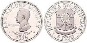Philippines, Republic, 5 Piso Nickel 1975, Head of Ferdinand E. Marcos left, KM 210.1, PROOF