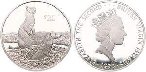 British Virgin Islands, Colony, Elizabeth II, 25 Dollars Silver 1993, Endangered Wildlife - Black-footed Ferrets, KM 158, PROOF