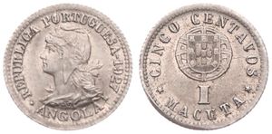 Angola, Portuguese Colony, 5 Centavos (1 Macuta) Nickel-Bronze 1927, Laureate head left, KM 66, XF