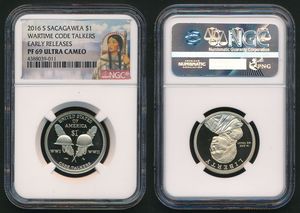 United States of America, Republic, 1 Dollar Aluminum-Bronze 2016S, Native American Dollar - Wartime Code Talkers, KM 618, NGC Graded PF-69 ULTRA CAMEO