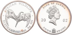 Zambia, Republic, 5000 Kwacha Silver 2002, African Wildlife - Elephants, KM 142, PROOF