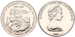 Turks & Caicos Islands, British Colony, Elizabeth II, 5 Crowns Copper-Nickel 1991, Discovery of America, KM 75, B.UNC