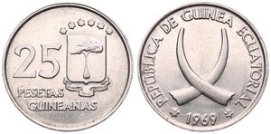 Equatorial Guinea, Republic, 25 Pesetas Guineanas Copper-Nickel 1969 (69), Crossed Primitive Tusks, KM 3, A.UNC