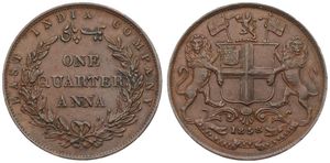 India-British, Colony, East India Company, 1/4 Anna Copper 1858, Shield with lion supporters, KM 463.1, XF/AU