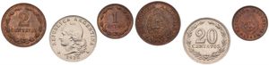 Argentina, Republic, 1, 2, & 20 Centavos Bronze & Copper-Nickel 1938/1941, National arms & Capped liberty head, KM 36/38, UNC