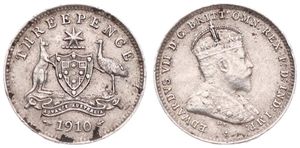 Australia, British Colony, Edward VII, 3 Pence Silver 1910, Crowned bust right, KM 18, VF+