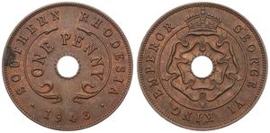 Southern Rhodesia, British Colony, George VI, 1 Penny Bronze 1943, Crowned flower design within circle around center hole, KM 8a, A.UNC