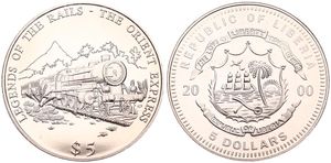 Liberia, Republic, 5 Dollars Copper-Nickel 2000, Legends of the Rails - The Orient Express, KM NL, PROOFLIKE