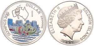 Solomon Islands, Commonwealth Nation, 1 Dollar Copper-Nickel 2000, Olympics - Multicolor swimming Koala, KM 65, PROOF