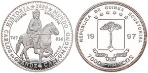 Equatorial Guinea, Republic, 7000 Francos Silver 1997, Charlemagne - King on horse, KM 120, PROOF
