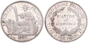 French Indo-China, Colony, 1 Piastre Silver 1907A, Liberty seated left with fasces, KM 5a.1, VF+