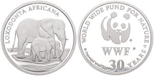 WWF, World Wide Fund for Nature, Medal in Silver 1986, 30th Anniversary of WWF - Loxodonta Africana (African Elephant) / WWF Logo surrounded by legend, PROOF