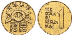 Korea-South, Republic, 1 Won Brass 1966, Rose of Sharon, KM 4, SCARCE KEY DATE, XF