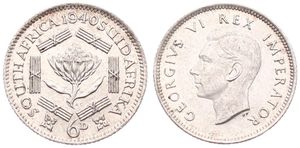 South Africa, British Colony, George VI, 6 Pence Silver 1940, Head left, KM 27, XF/AU