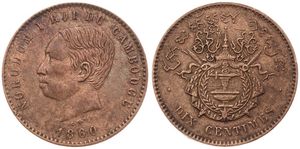 Cambodia, Kingdom, Norodom I, 10 Centimes Bronze 1860, Head left / National arms, KM X M3 (Coin alignment), VF (edgenick)