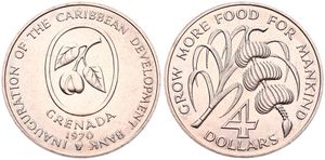 Grenada, Independent State, 4 Dollars Copper-Nickel 1970, F.A.O. - Sugar cane and banana tree branch, KM 15, UNC