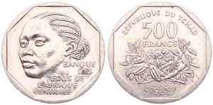 Chad, Republic, 500 Francs Copper-Nickel 1985, Woman's head left, KM 13, XF