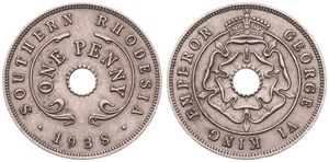 Southern Rhodesia, British Colony, George VI, 1 Penny Copper-Nickel 1938, Crowned flower design within circle around center hole, KM 8, SCARCE KEY DATE, XF