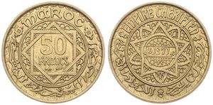 Morocco, French Protectorate, Mohammed V, 50 Francs Aluminum-Bronze AH1371 (1952), Star of David within circle, KM 51, A.UNC