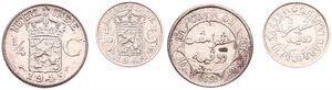 Netherlands East Indies, Dutch Administration, Wilhelmina I, 1/10 & 1/4 Gulden Silver 1945S, Crowned arms, KM 318/319, UNC