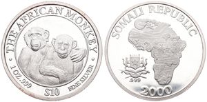 Somalia, Republic, 10 Dollars Silver 2000, Two African Chimpanzees facing, KM X11, UNC