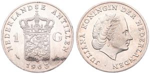 Netherlands Antilles, Dutch Administration, Juliana, 1 Gulden Silver 1963, Head right, KM 2, A.UNC