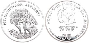 WWF, World Wide Fund for Nature, Medal in Silver 1986, 30th Anniversary of WWF - Pithecophaga Jefferyi (Monkey Eagle) / WWF Logo surrounded by legend, PROOF