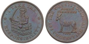 United States of America, Republic, 1 Cent Token in Bronze 1833, Hard Times Token, Andrew Jackson coming out a money chest holding saber & money bag / VETO below Democrat Donkey, A.UNC !  