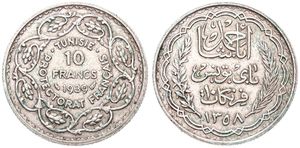 Tunisia, French Protectorate, Ahmad Pasha Bey, 10 Francs Silver AH1358-1939, Inscription and date within sprigs, KM 265, XF