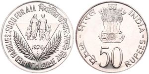 India, Republic, 50 Rupees Silver 1974, F.A.O. - Planned Family within triangle, KM 255, B.UNC