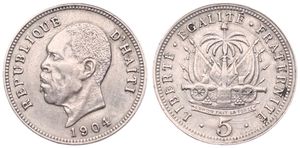Haiti, Republic, 5 Centimes Copper-Nickel 1904, Head of President Pierre Nord Alexis left, KM 53, XF