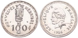 New Hebrides, French/British Condominium, 100 Francs Silver 1966, Liberty head left, KM 1, A.UNC (slightly cleaned)