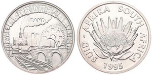 South Africa, Republic, 1 Rand Silver 1995, Railway Centennial - Train on bridge, KM 152, UNC