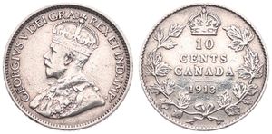 Canada, Confederation, George V, 10 Cents Silver 1913, Crowned bust left, KM 23, RARE VARIETY WITH LARGE LEAVES, VF