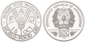 Afghanistan, Democratic Republic, 500 Afghanis Silver SH1360 (1981), F.A.O. - World Food Day, KM 1002, PROOF